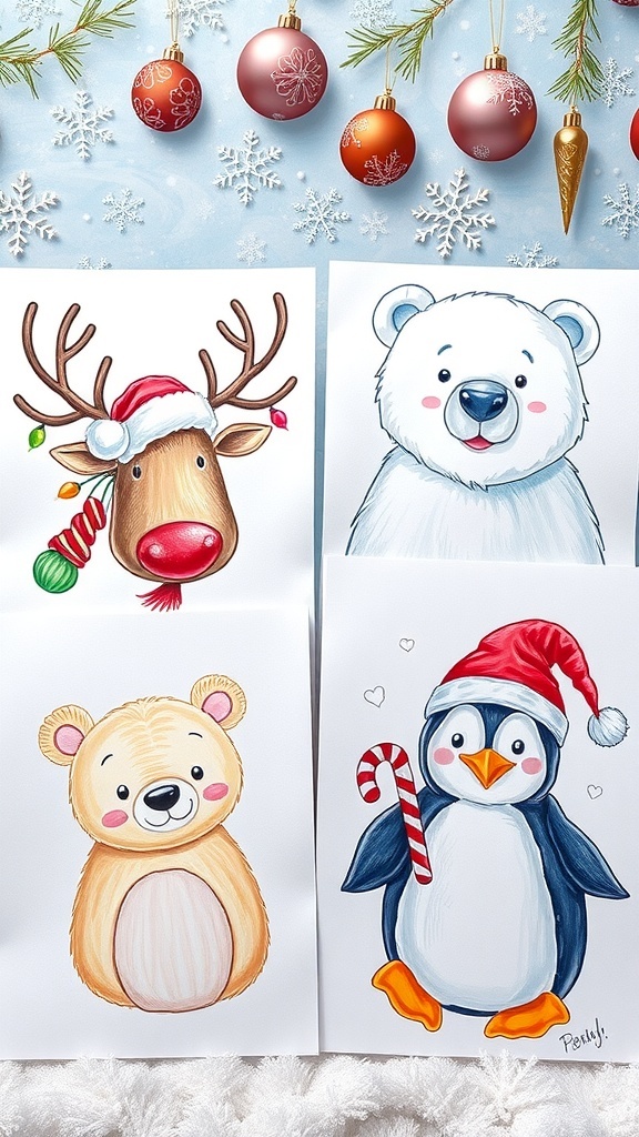Christmas Animal Drawing Ideas Festive animal drawings featuring a reindeer, polar bear, and penguin in a winter scene.